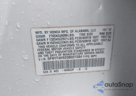 2013 Honda Pilot Touring z USA, uszkodzony, nr VIN 5FNYF4H93DB031584